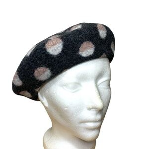 Vintage Wool Beret Charcoal Gray Geometric Print Polka-dot Retro French Hat